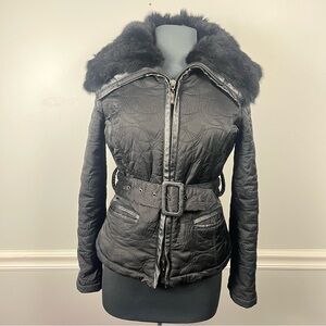 Bebe Y2K Rabbit Fur Trimmed down and feather filled belted jacket black size M